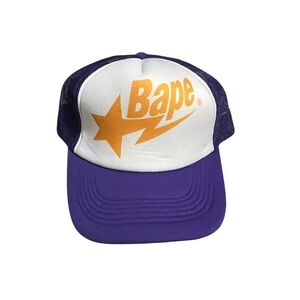 Bape Purple and White Trucker Hat with Orange Logo
